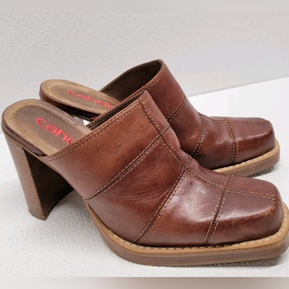 Candie's Shoes - Candies Vintage 90s Brown Leather Chunky Heel Mules Size 6 GenX